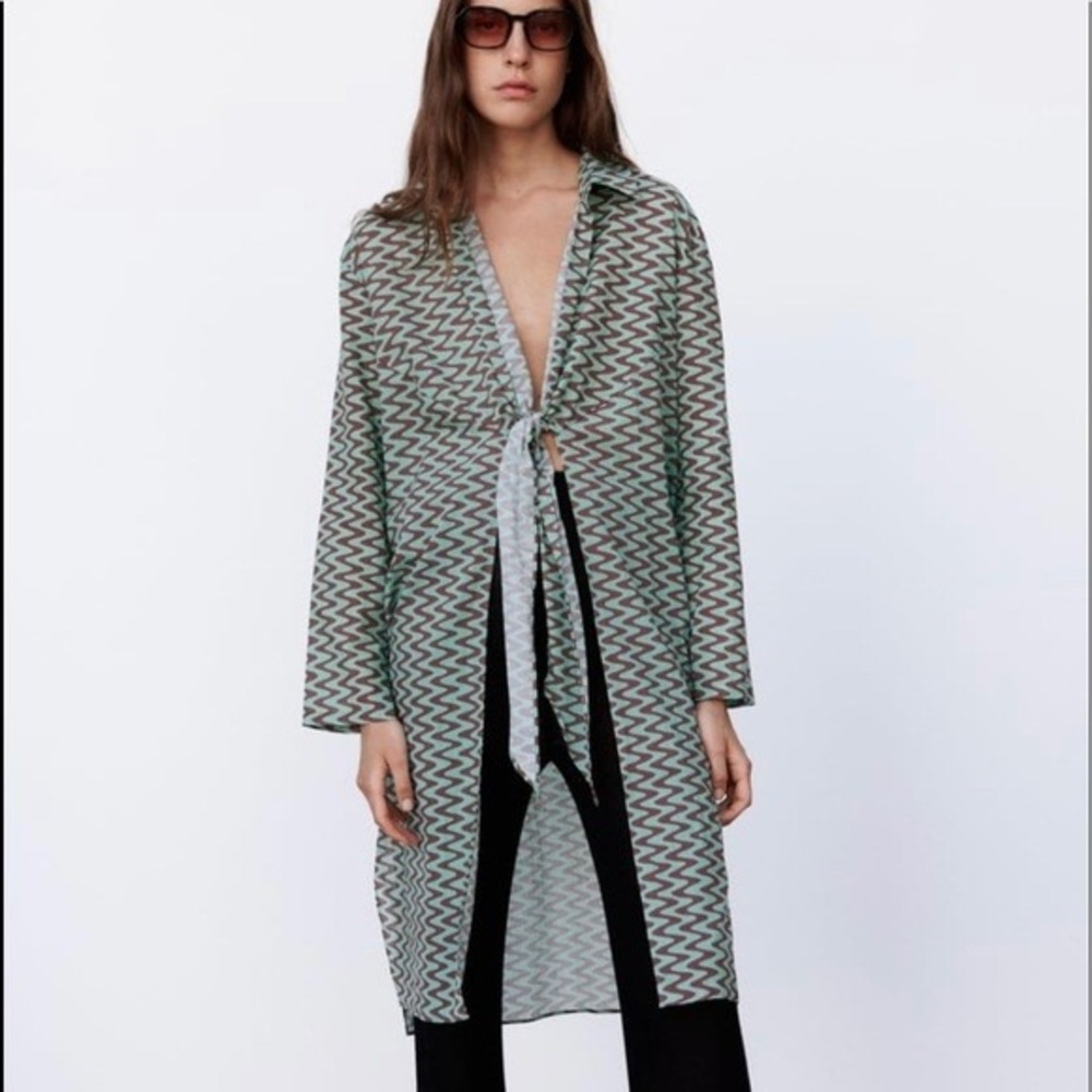 Zara Tie Front Kimono Women Small Teal Brown Geometric Boho Mod Lightweight NWT